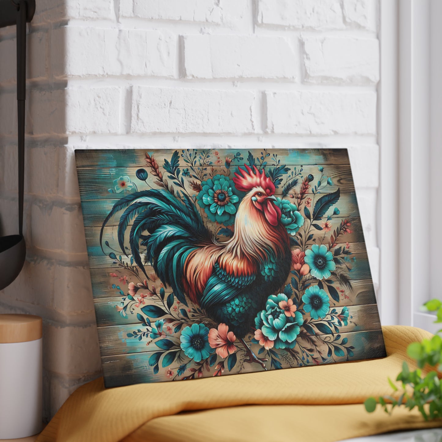 🐓 Rustic Rooster & Teal Floral Cutting Board – Farmhouse Country Kitchen Décor
