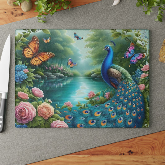 Decoración de pavo real, decoración de mariposas, tabla de cortar, decoración de cocina, arte de cocina, tabla de servir, regalo de pavo real, regalo de mariposa, tabla de cortar floral
