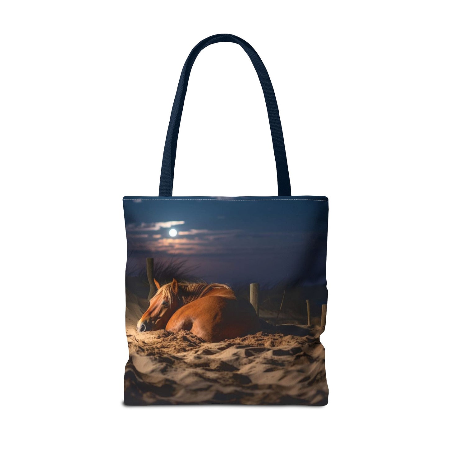 Bolsa de tela "Caballo durmiendo en la playa bajo la luz de la luna": una escapada serena a cada paso