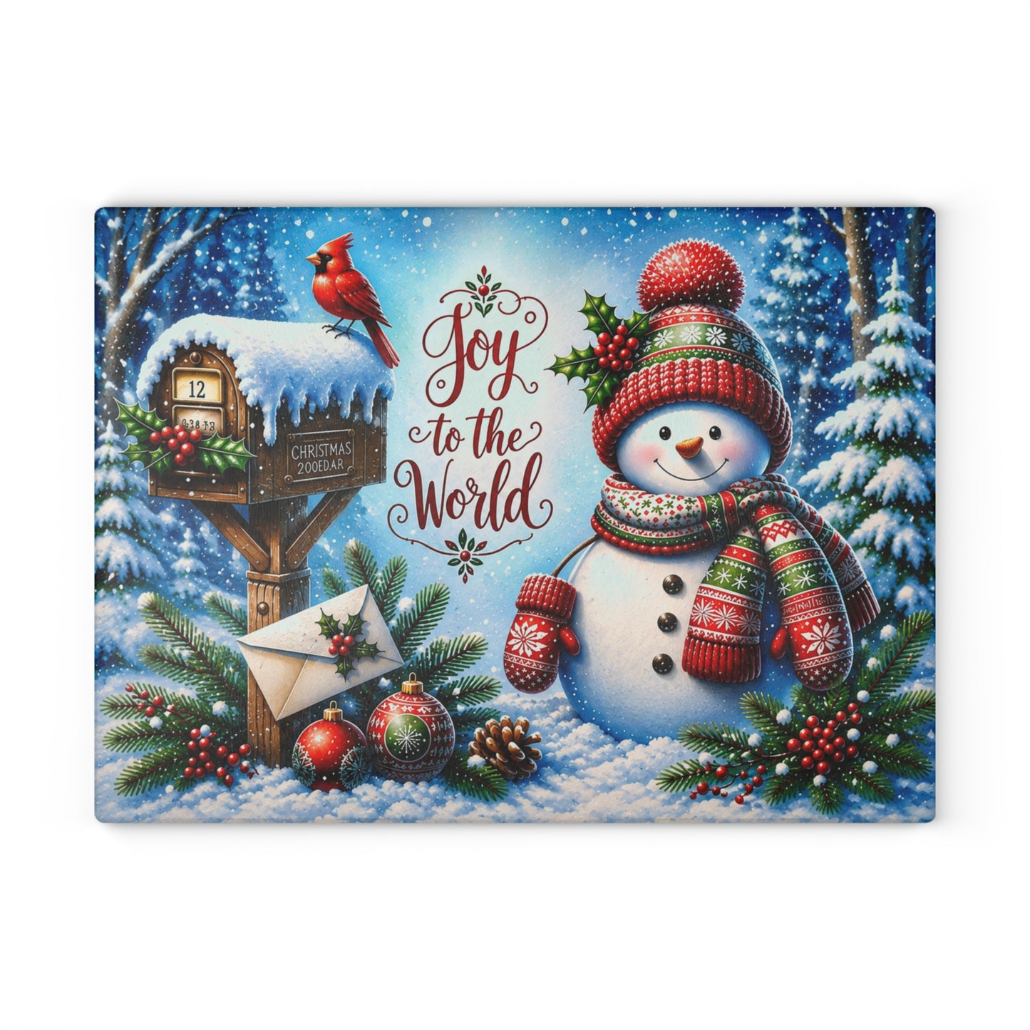 Joy to the World Snowman Glass Cutting Board – Christmas Winter Kitchen Decor