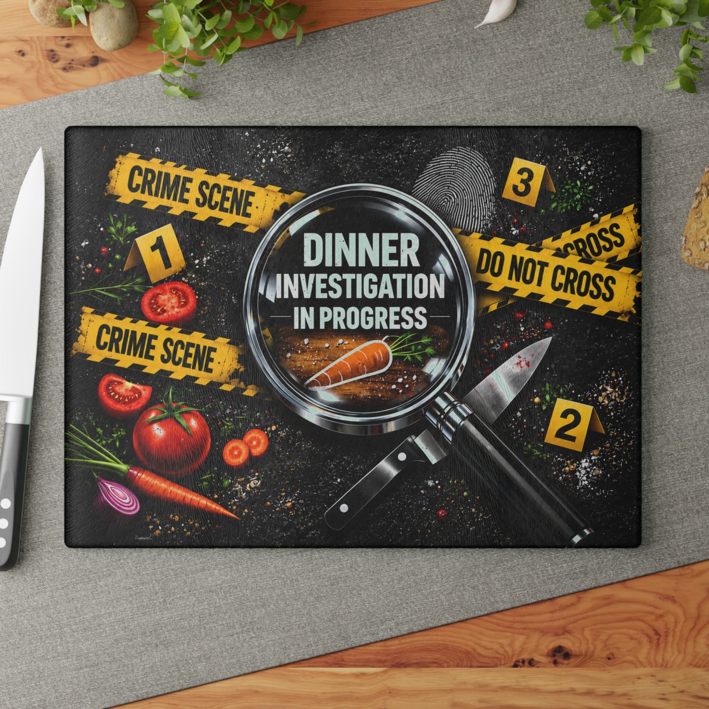 Dinner Investigation in Progress Glass Cutting Board – Funny Crime Scene Kitchen Decor