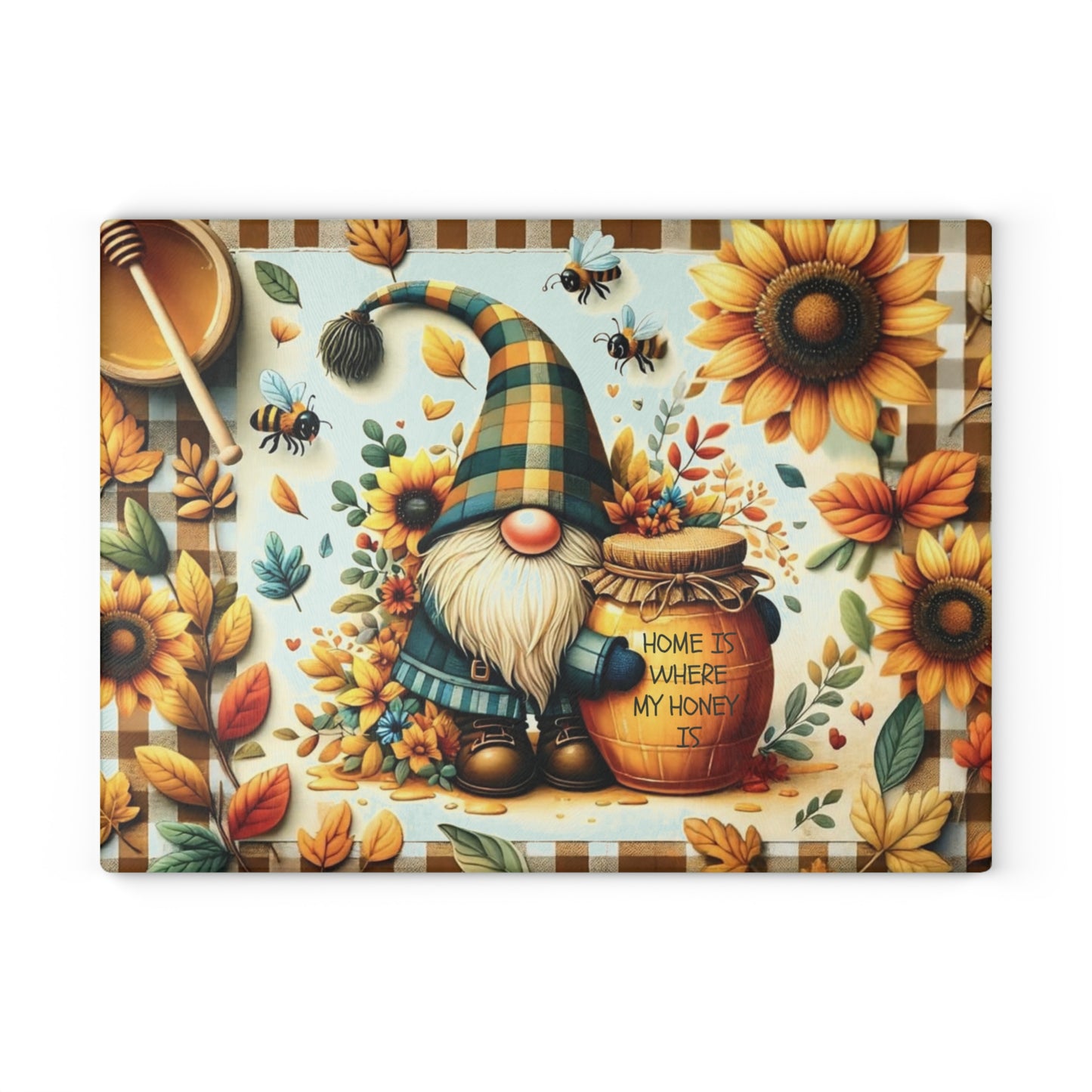 🐝🌻 “Home Is Where My Honey Is” Gnome Glass Cutting Board – Sunny Cheer for Your Kitchen