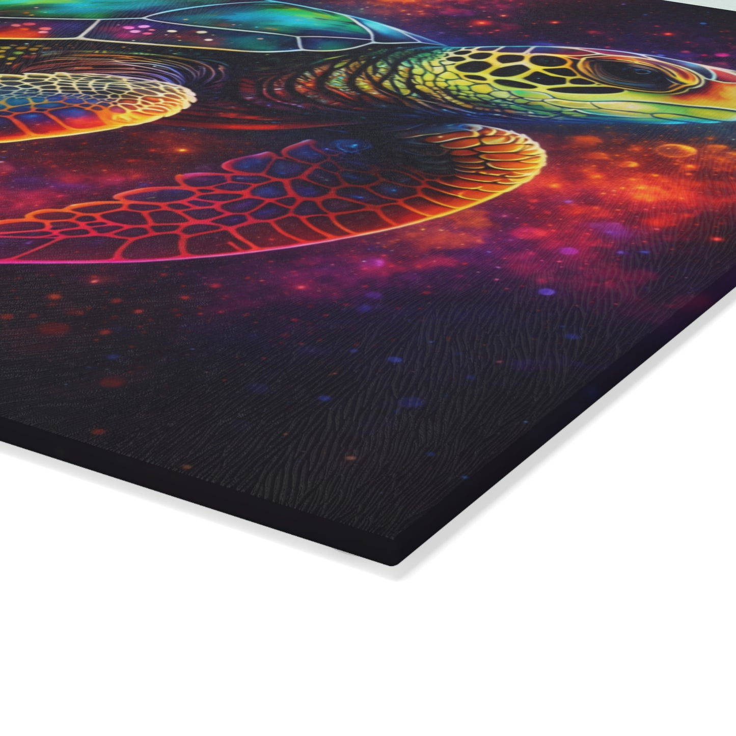 Cosmic Journey Glass Cutting Board – Vibrant Space Turtle Artwork