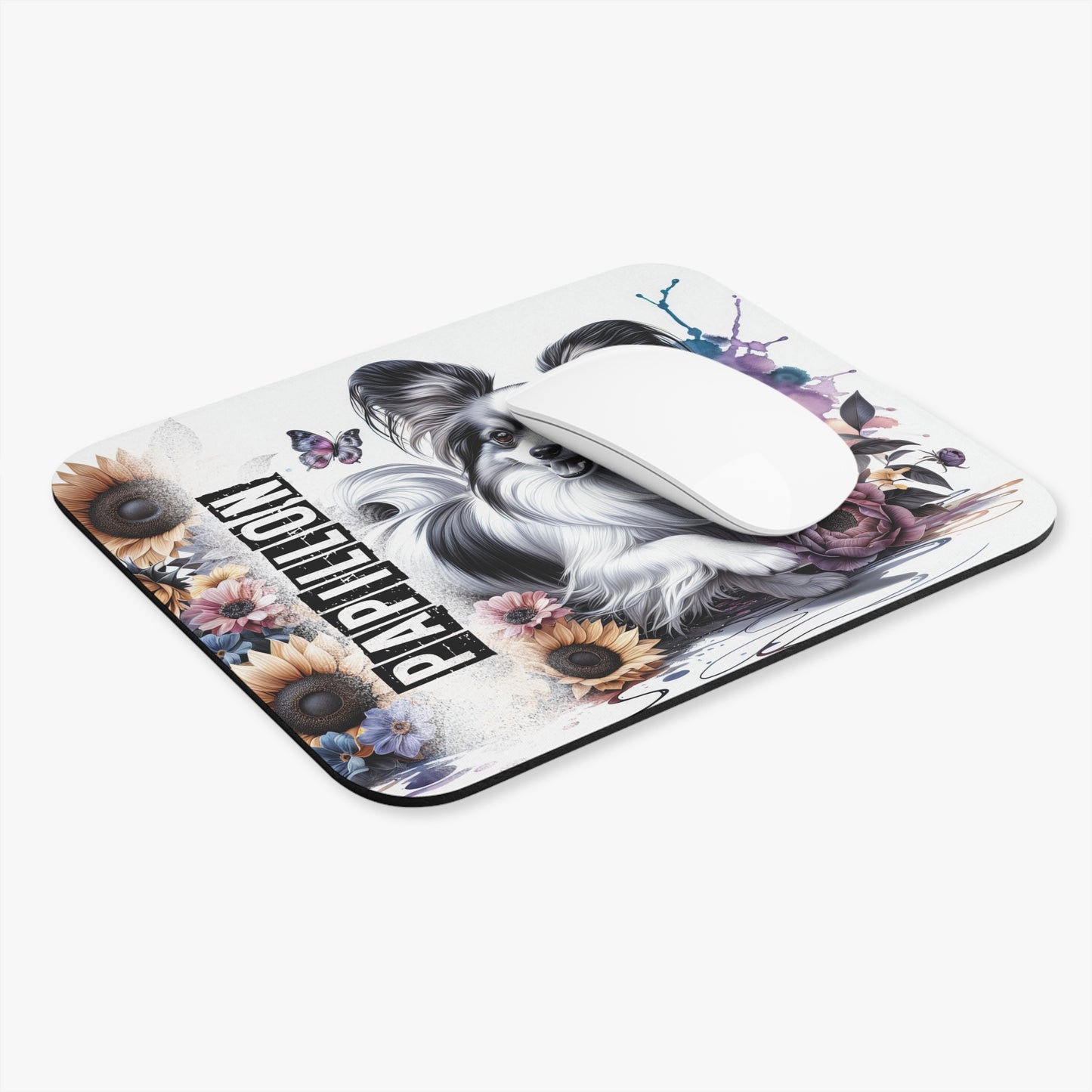 🖱️🦋🌻 Papillon Mouse Pad – Butterfly-Ear Pup with Sunflowers & Florals