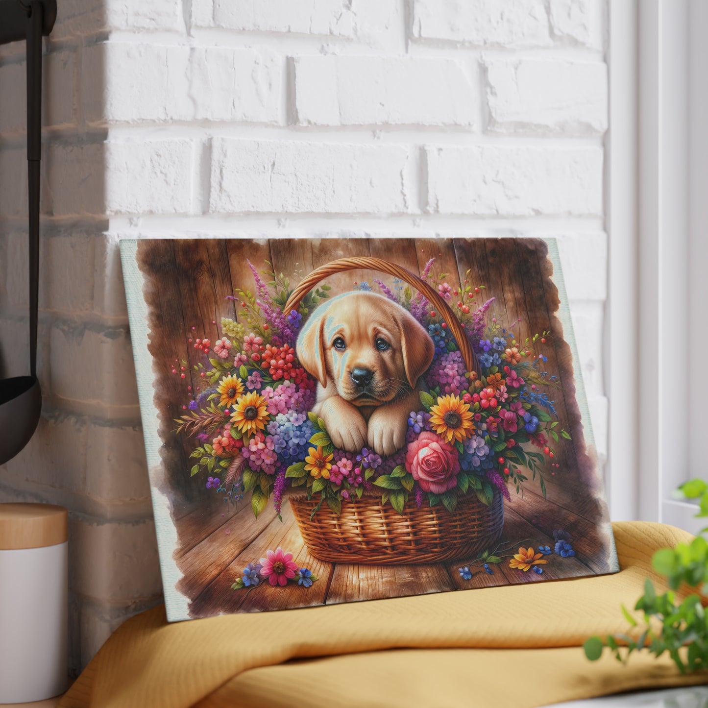 🐾 Yellow Labrador Puppy Floral Basket Cutting Board – Sweet Charm for Your Kitchen 🌸