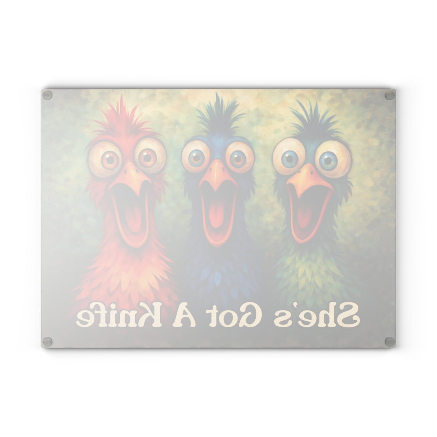 She’s Got a Knife Glass Cutting Board – Colorful Chicken Trio Art with Bold Kitchen Humor