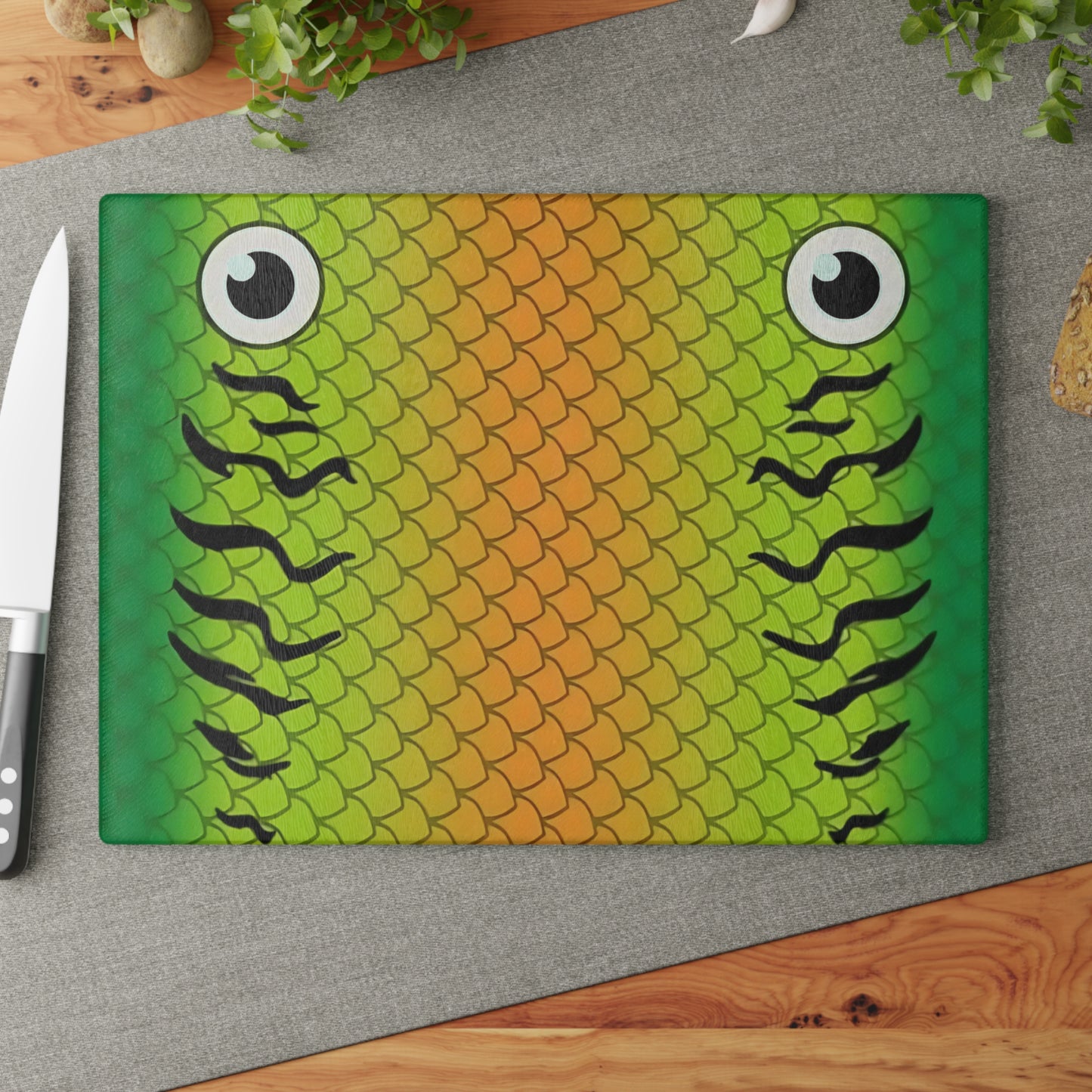 Green & Gold Fish Face Glass Cutting Board – Bold Coastal Artwork with Playful Scales