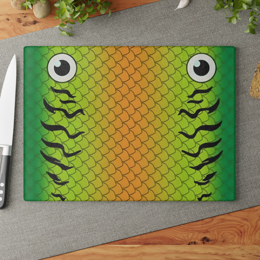 Green & Gold Fish Face Glass Cutting Board – Bold Coastal Artwork with Playful Scales