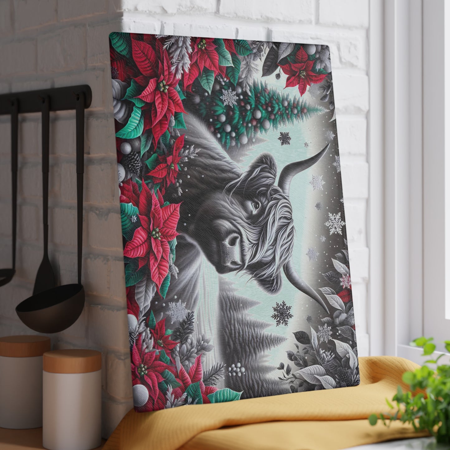 🐮❄️ “Winter Highland Cow” Glass Cutting Board – Rustic Christmas Charm for Your Kitchen