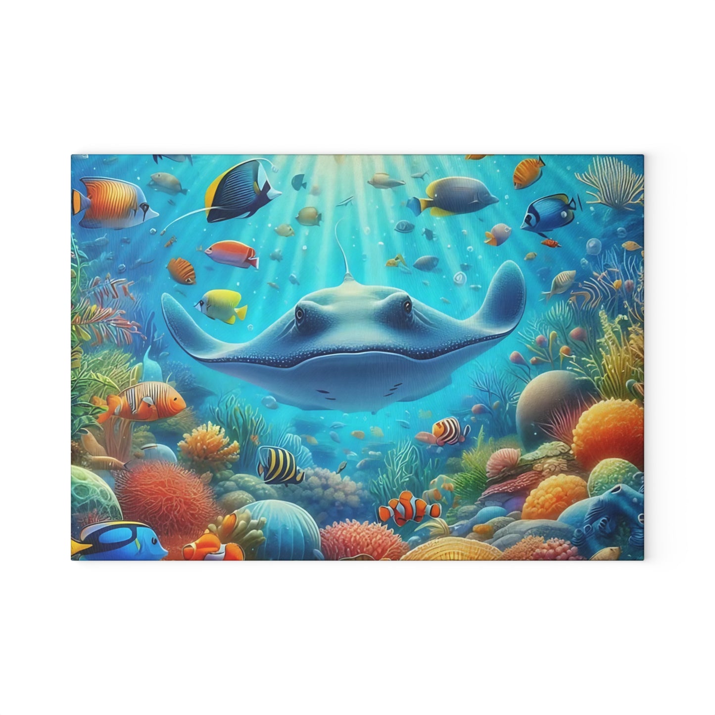 Tabla de cortar de vidrio con diseño de raya y arrecife de coral: decoración de cocina con vida marina y peces de agua salada