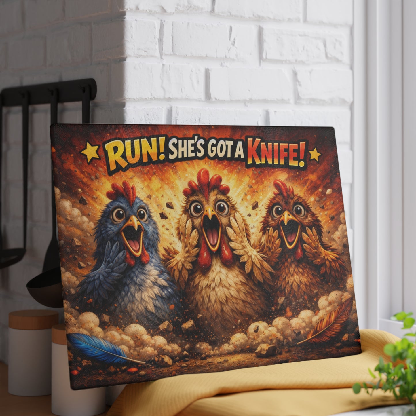 RUN! She’s Got a Knife Glass Cutting Board – Explosive Farmhouse Chicken