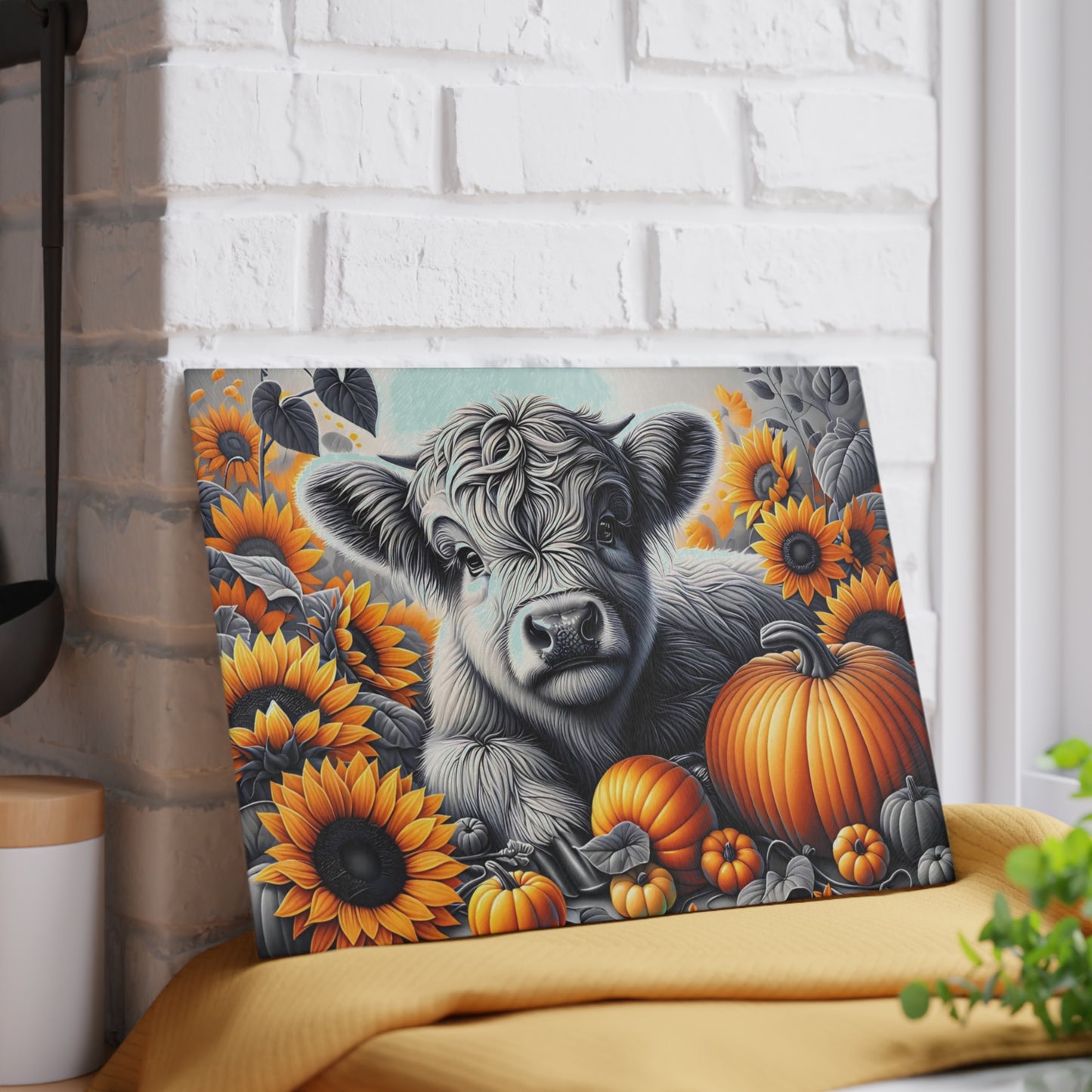 🐮🌻 Autumn Highland Calf Cutting Board – Rustic Charm with Pumpkins & Sunflowers 🎃🍂
