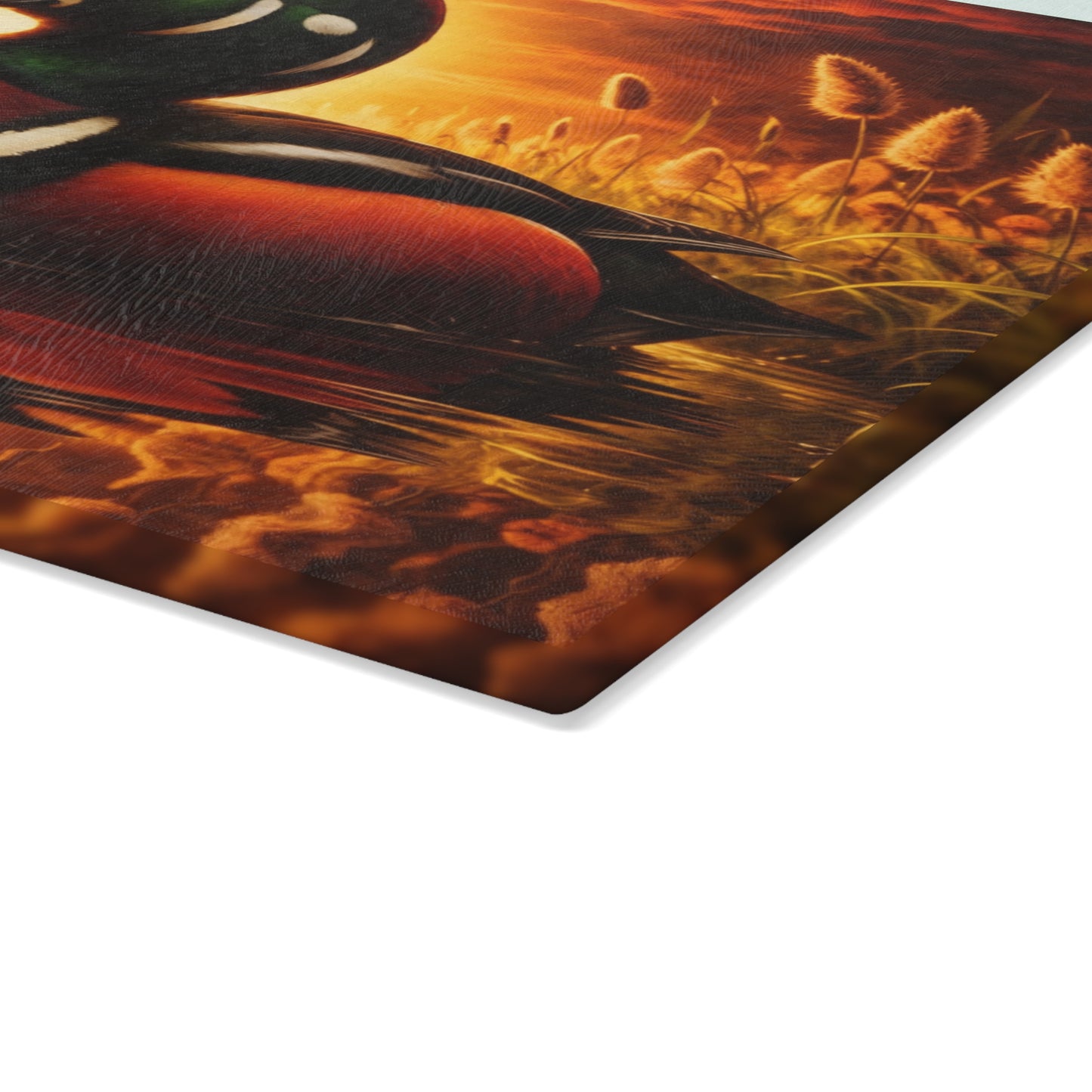 Hooded Merganser Duck at Golden Sunset Glass Cutting Board – Vibrant Wildlife Reflection Artwork