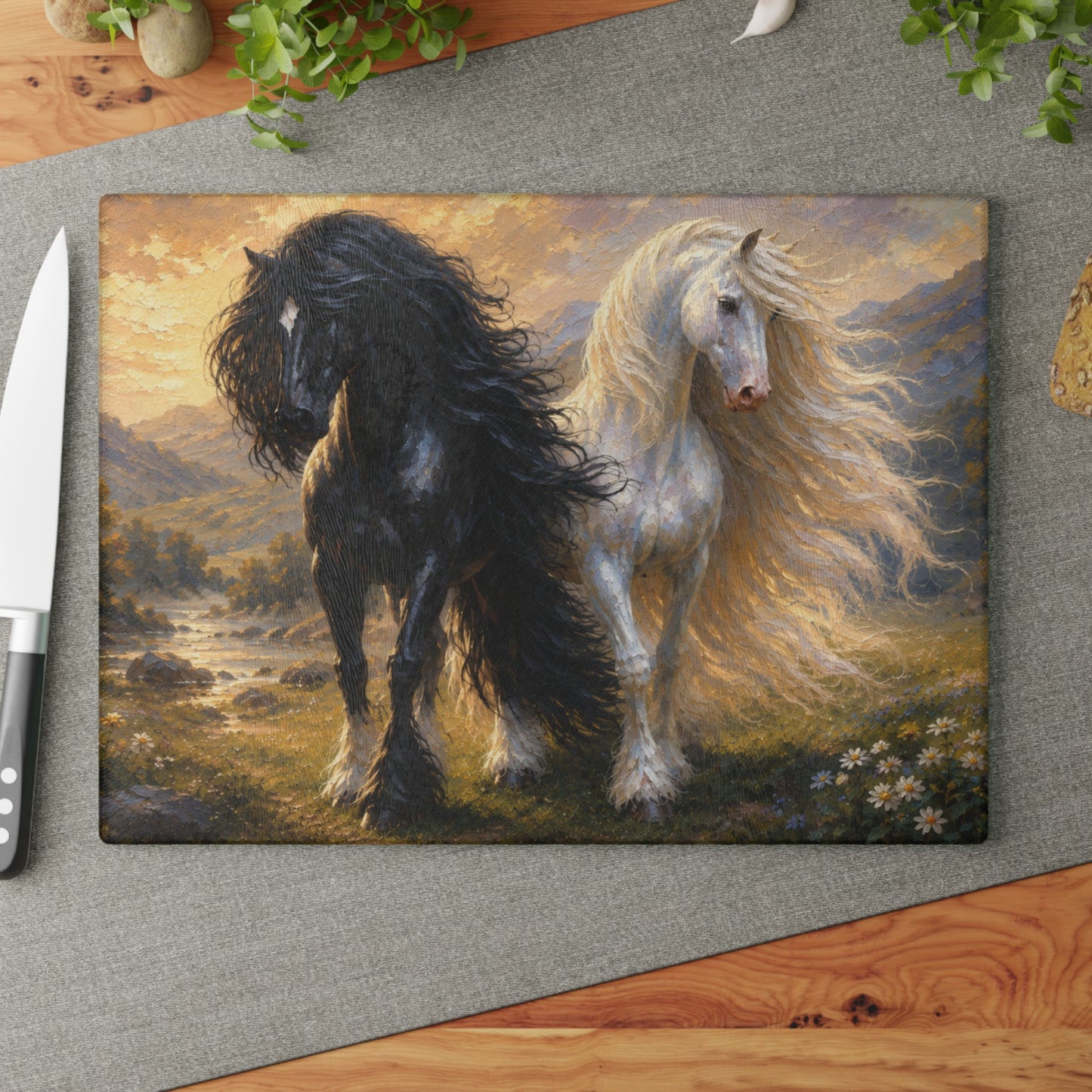 Black & White Horses Glass Cutting Board – Elegant Running Horses Artwork with Scenic Countryside