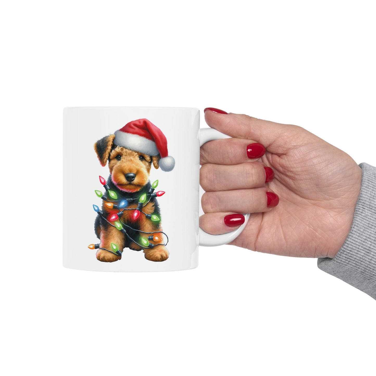 🎄 Airedale Terrier Christmas Mug – Jolly Pup with Santa Hat & Twinkling Lights 🎁
