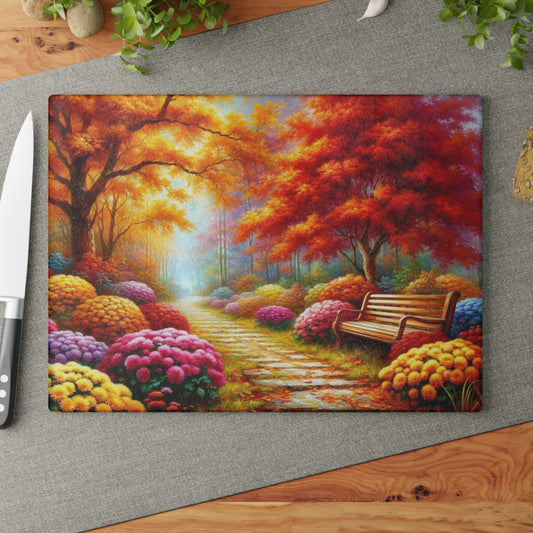 🍁 Autumn Path & Park Bench – Cozy Fall Tempered Glass Cutting Board