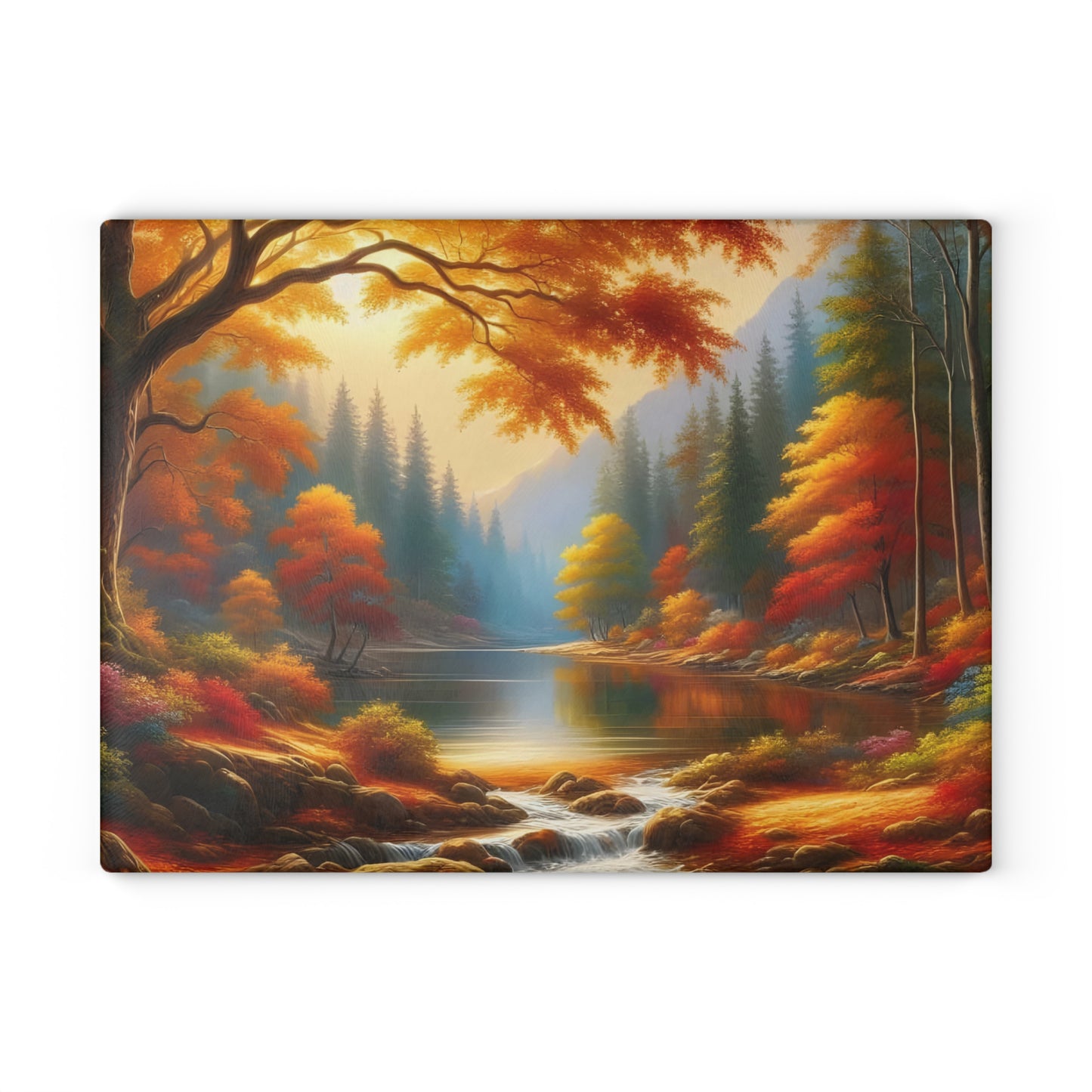 🍁🍂 Autumn Lake Scene Cutting Board – Golden Tranquility for Your Kitchen 🌲✨