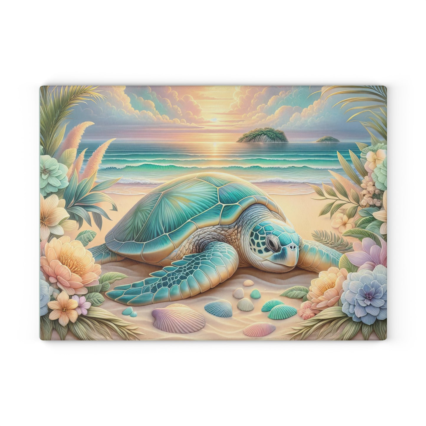 Peaceful Ocean Escape Sea Turtle Glass Cutting Board – Floral Beach Serenity Artwork