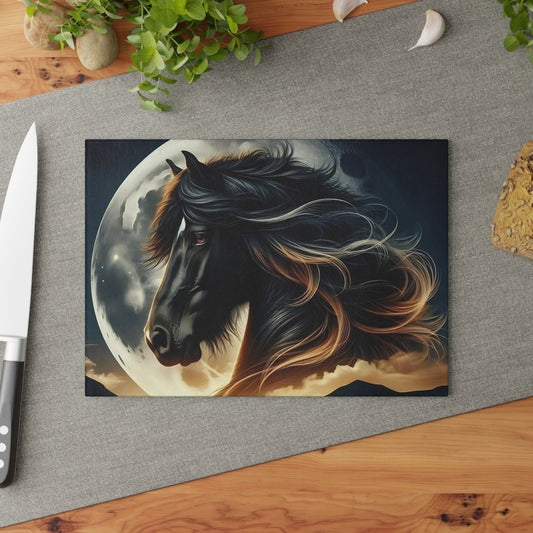 🖤 Majestic Horse Moonlight Cutting Board – Striking Black Stallion Kitchen Art