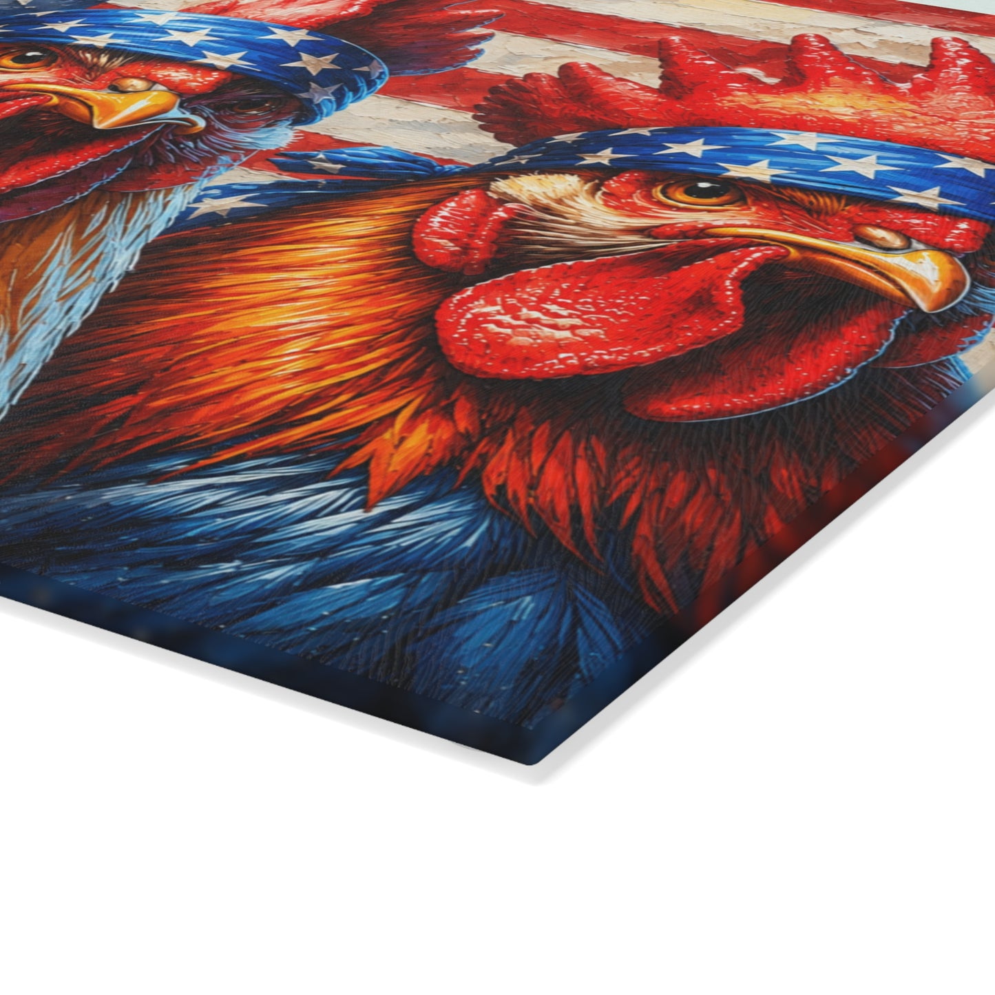Patriotic Rooster Bandana Glass Cutting Board – Bold Farmhouse Americana Kitchen Décor