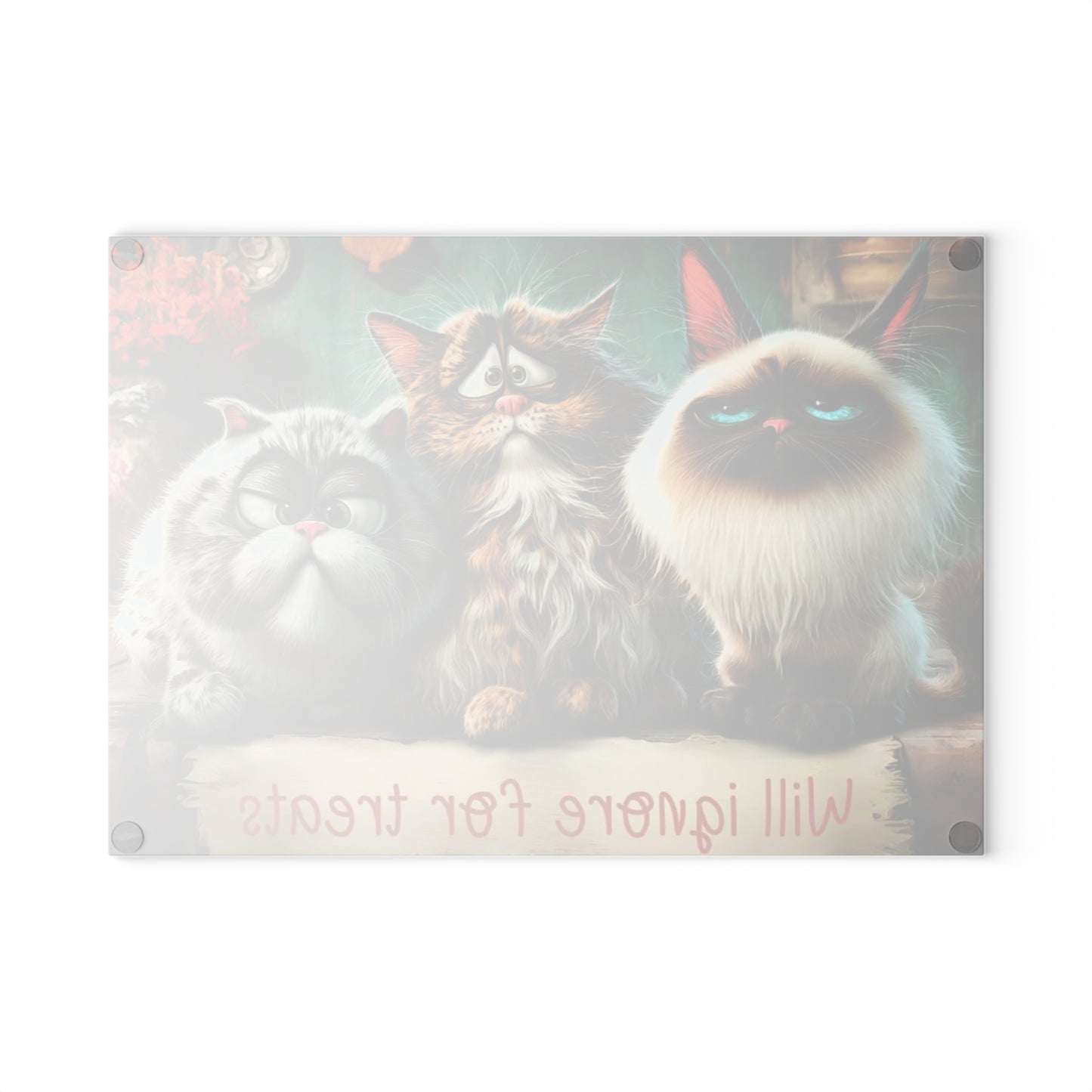 🐾🍪 “Will Ignore for Treats” Glass Cutting Board – Whimsical Cat Lovers Kitchen Décor