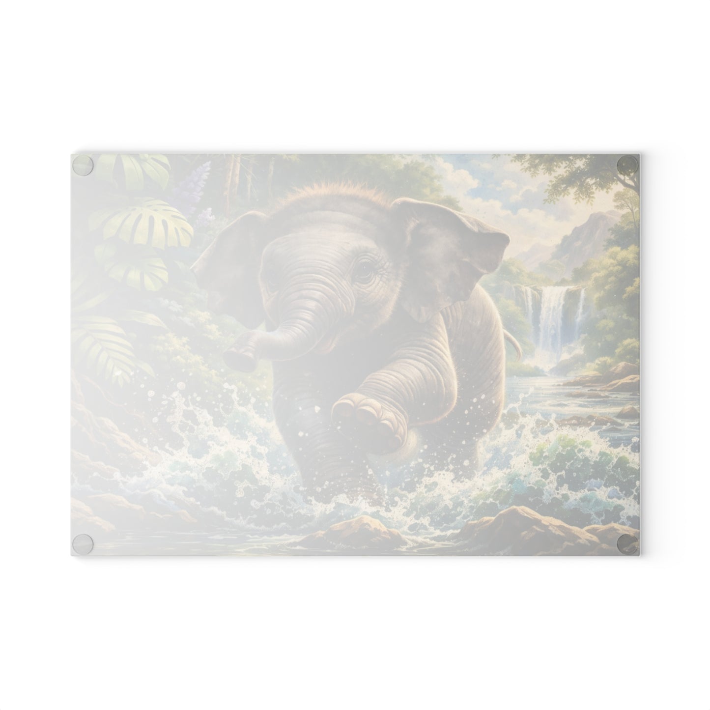 Playful Jungle Elephant Glass Cutting Board – Tropical Waterfall Wildlife Kitchen Art