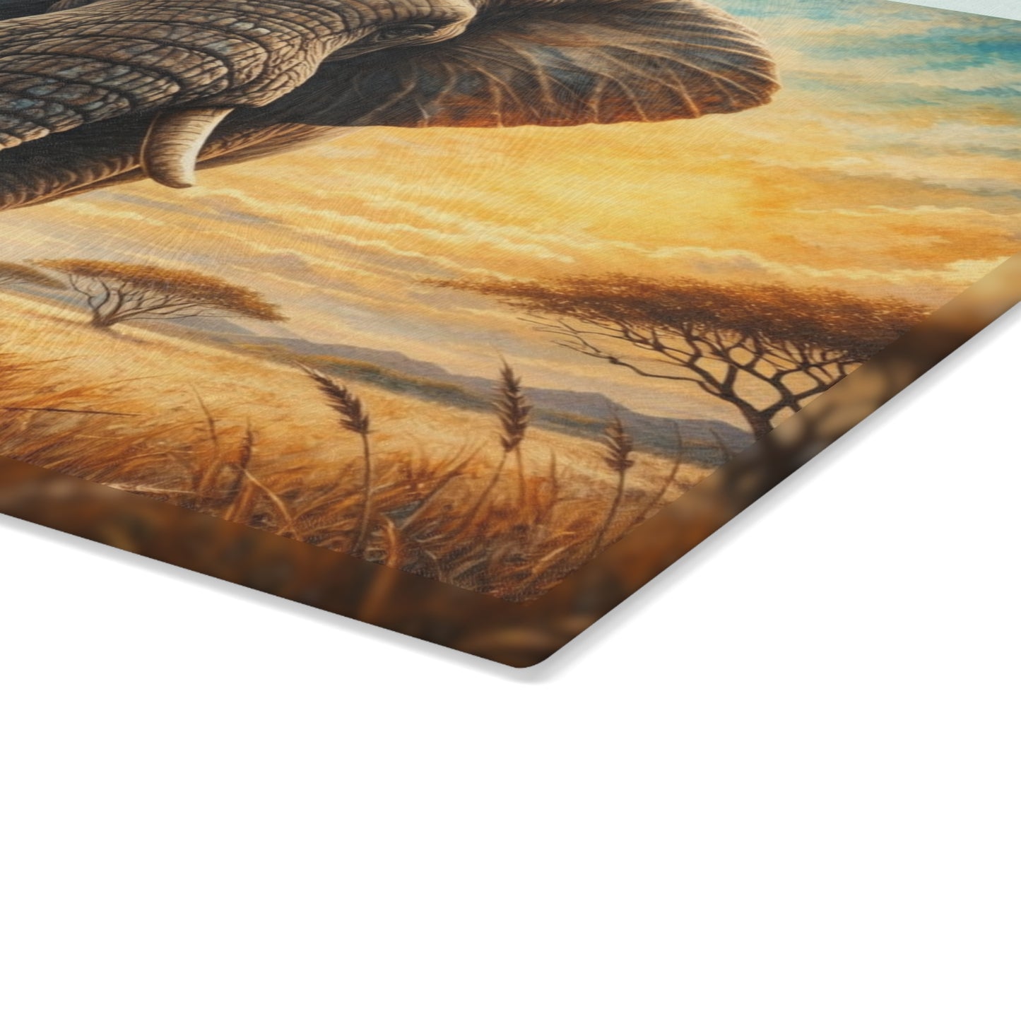 Savanna Guardian Elephant Glass Cutting Board – Dramatic Wildlife Sunset Kitchen Art