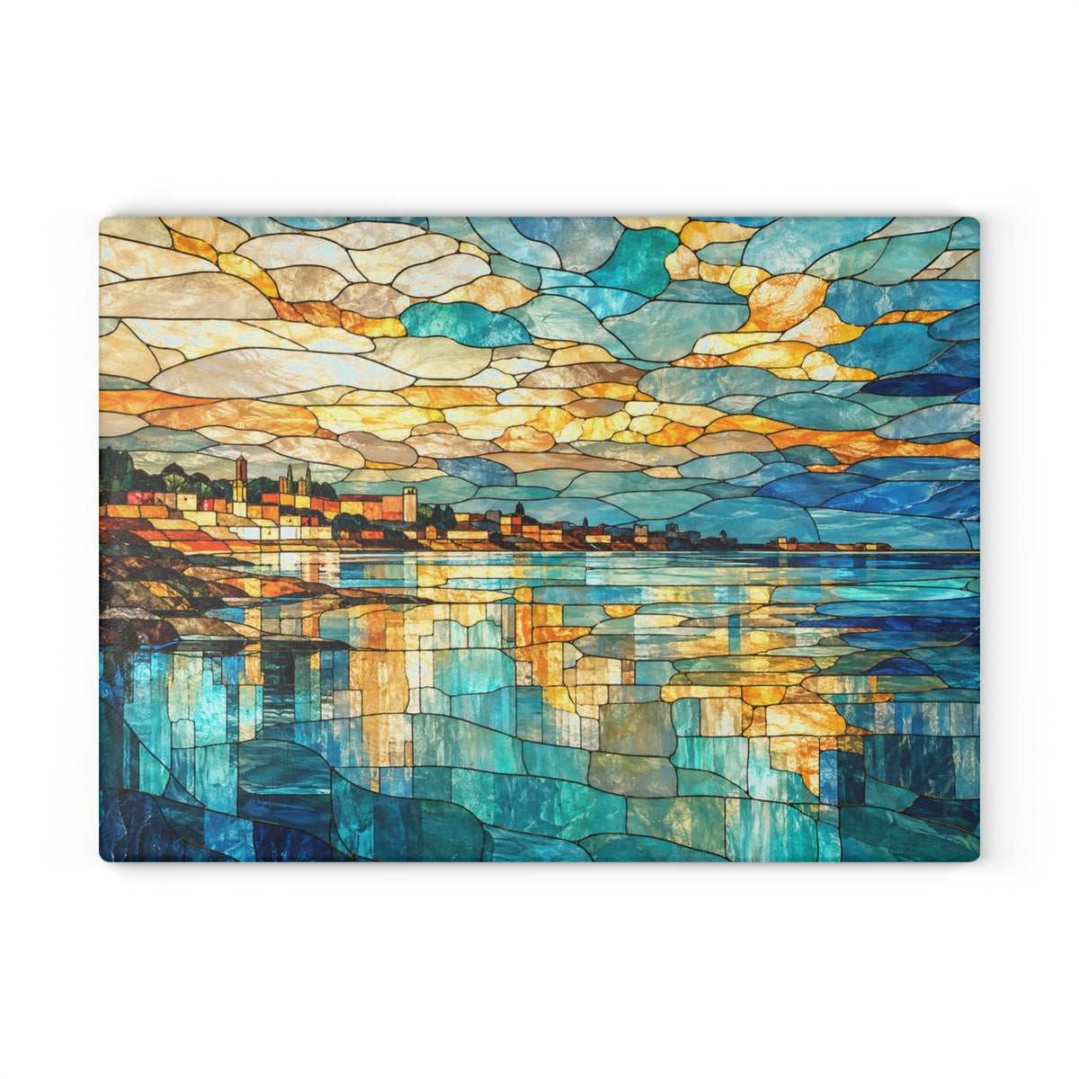 Coastal Waterfront Stained-Glass-Inspired Glass Cutting Board – Ocean Kitchen Decor