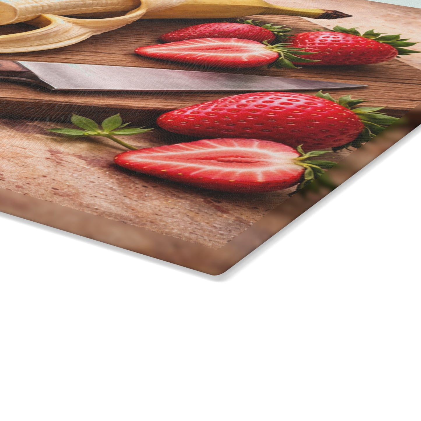Banana and Strawberry Kitchen Art Glass Cutting Board – Rustic Breakfast Inspired Design