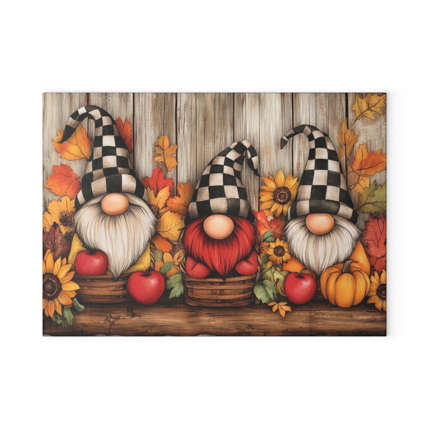 🍎 Fall Harvest Gnome Trio Cutting Board – Rustic Charm with Sunflowers, Apples & Checkered Hats 🍂🎃