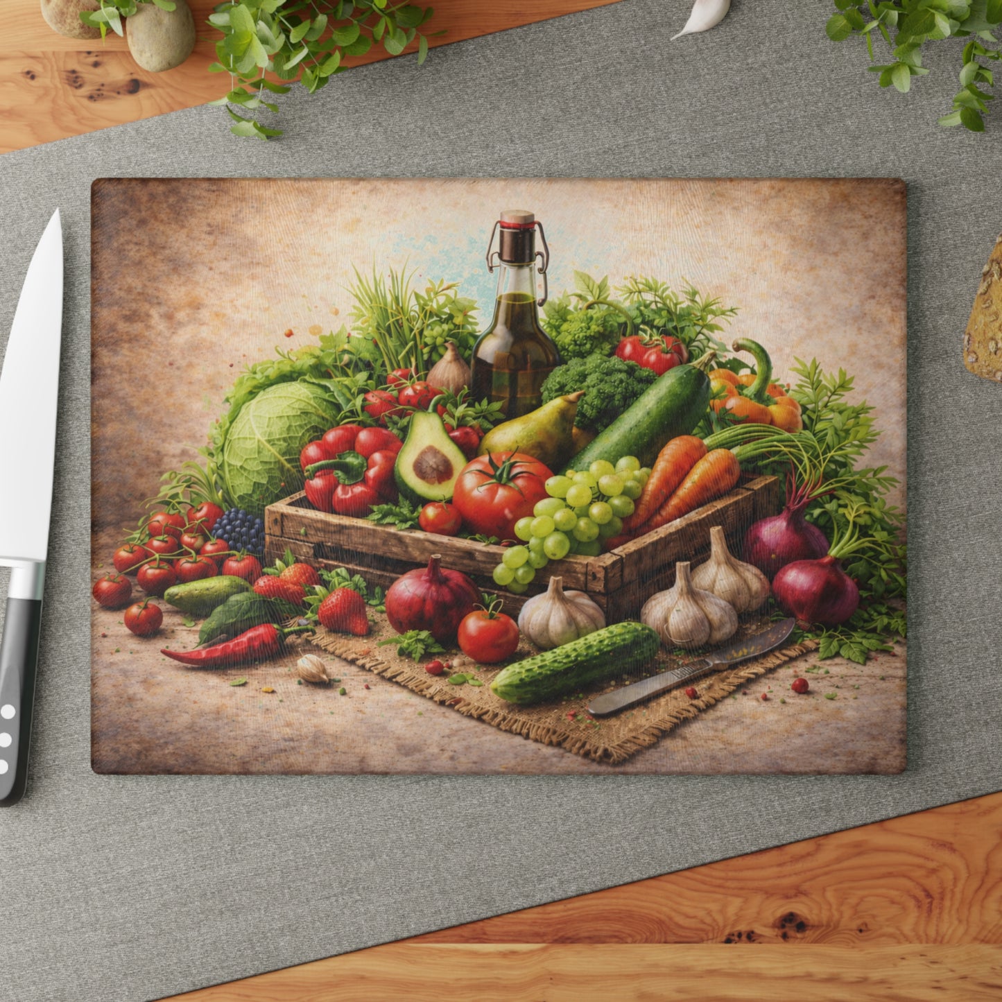 Farm Fresh Harvest Glass Cutting Board – Rustic Market Vegetable Kitchen Art