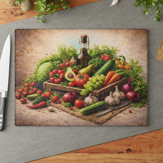 Farm Fresh Harvest Glass Cutting Board – Rustic Market Vegetable Kitchen Art