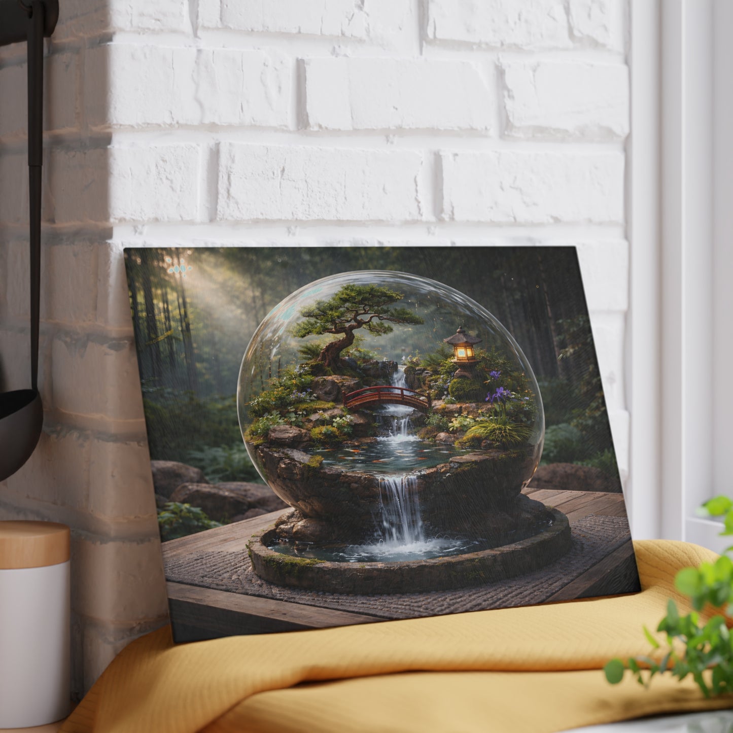 Zen Garden Waterfall Globe Glass Cutting Board – Tranquil Japanese-Inspired Nature Art