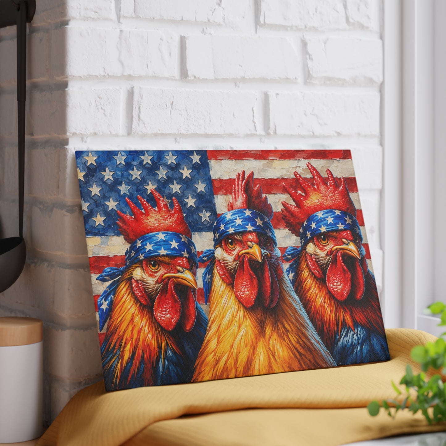 Patriotic Rooster Bandana Glass Cutting Board – Bold Farmhouse Americana Kitchen Décor
