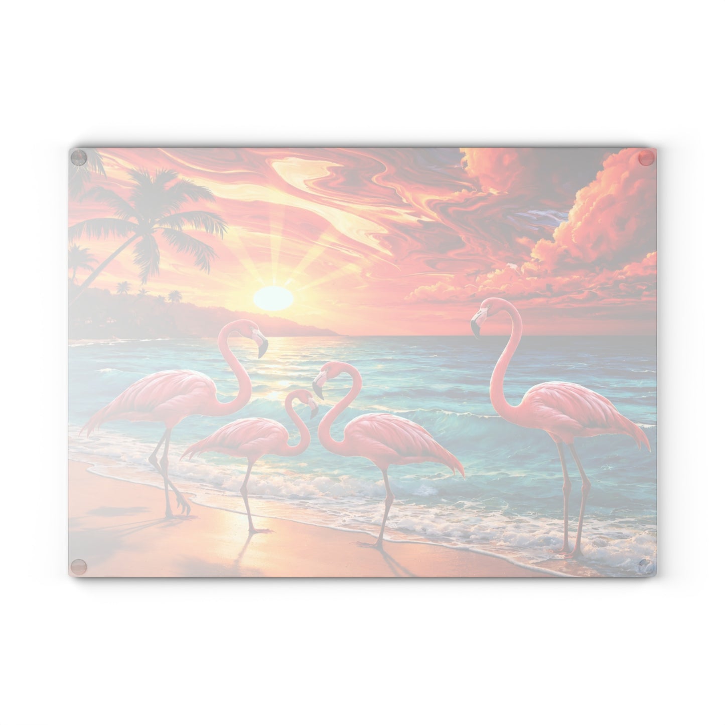 Vibrant Flamingo Sunset Glass Cutting Board – Tropical Coastal Kitchen Decor