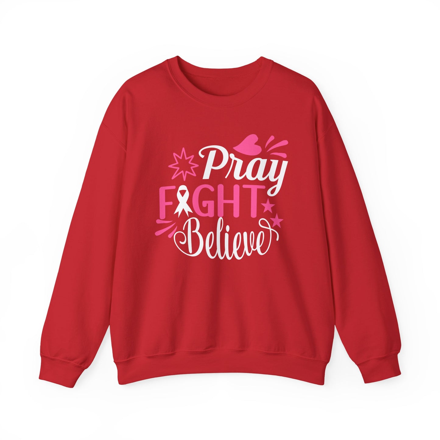🙏🎀 Pray Fight Believe Sweatshirt – Breast Cancer Awareness & Faith Crewneck