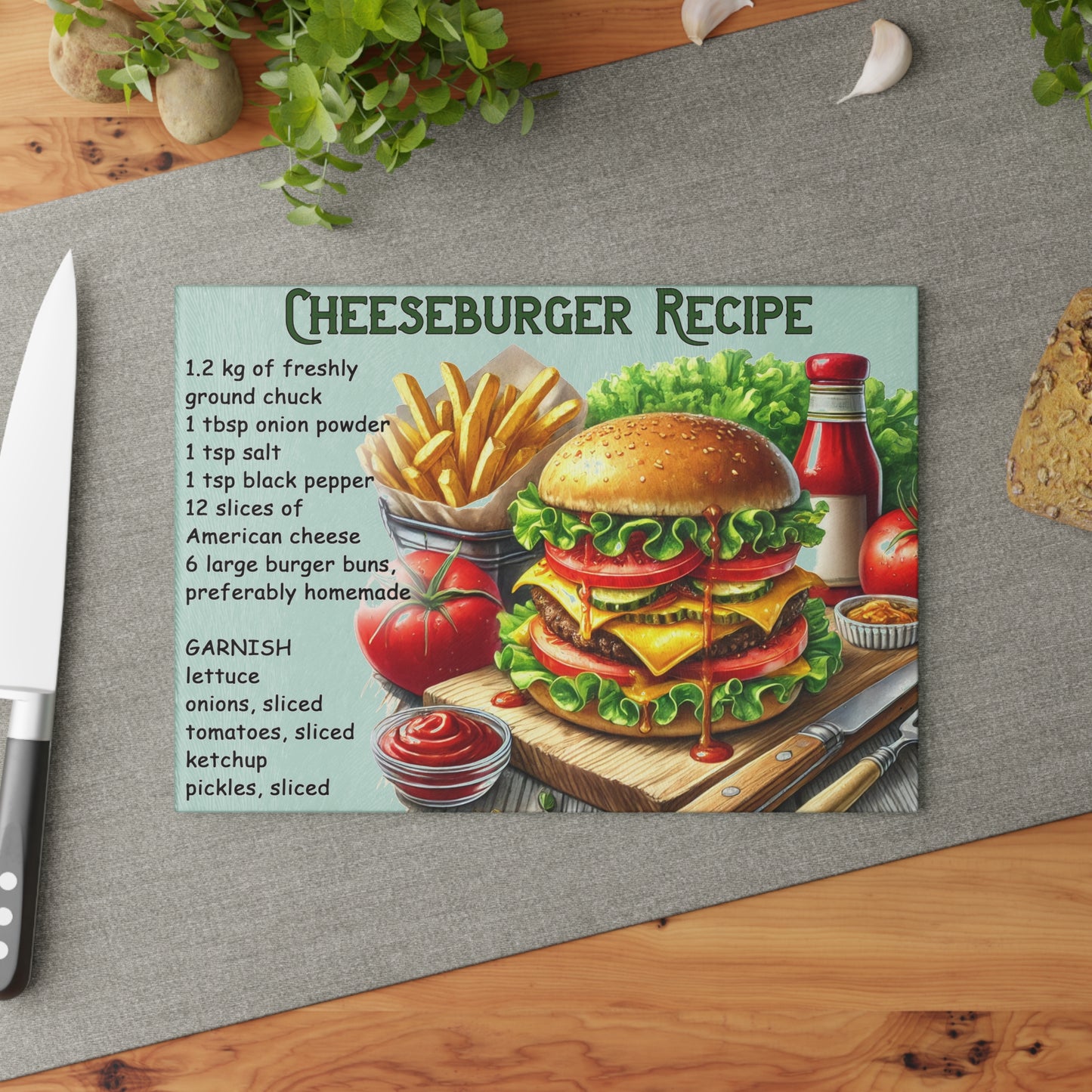 🍔 Cheeseburger Recipe – Gourmet Burger Lovers Glass Cutting Board