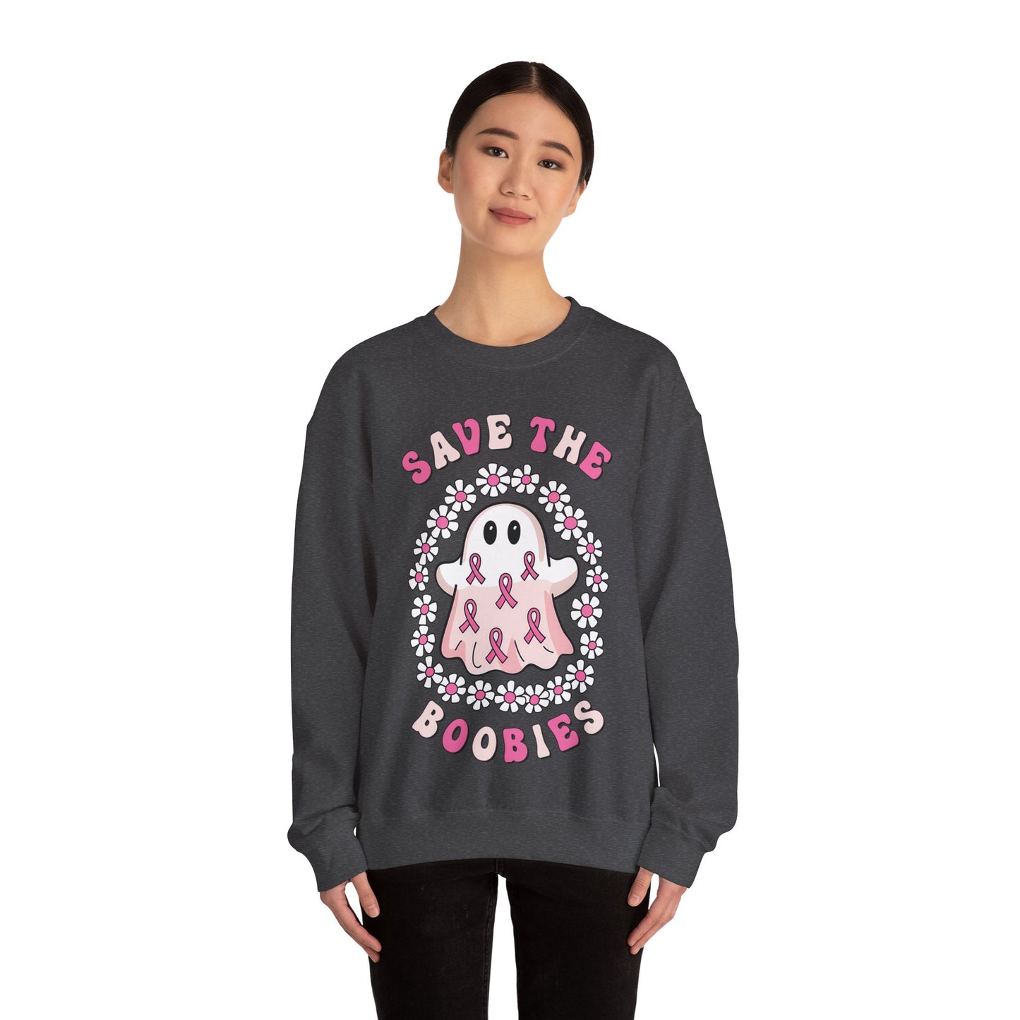👻🎀 Save the Boobies Ghost Sweatshirt – Cute Breast Cancer Awareness Crewneck