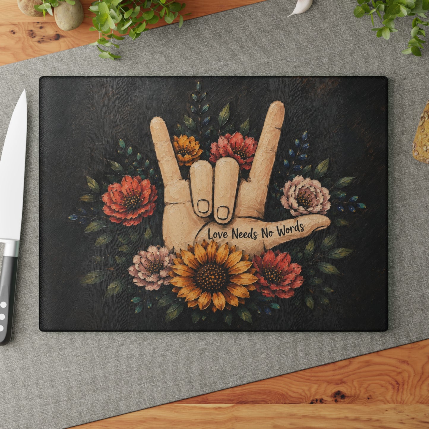 Love Needs No Words Glass Cutting Board – Painted Floral ASL Hand Design
