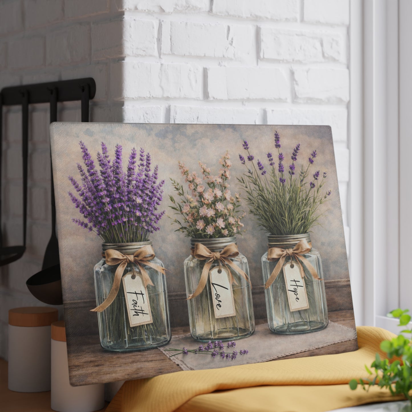 Faith Love Hope Glass Cutting Board – Rustic Mason Jar Florals with Lavender and Soft Pastels