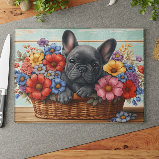 🐾 Gray French Bulldog in Bloom Basket Cutting Board – Frenchie Charm Meets Floral Elegance 🌸