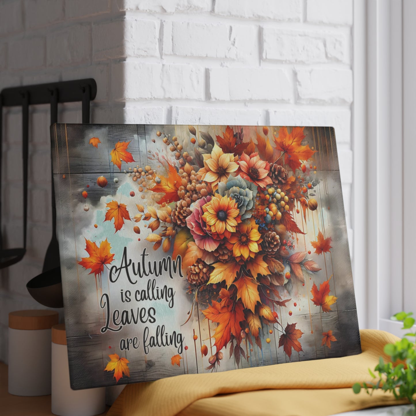 🍂✨ “Autumn Is Calling” Glass Cutting Board – Cozy Fall Kitchen Accent