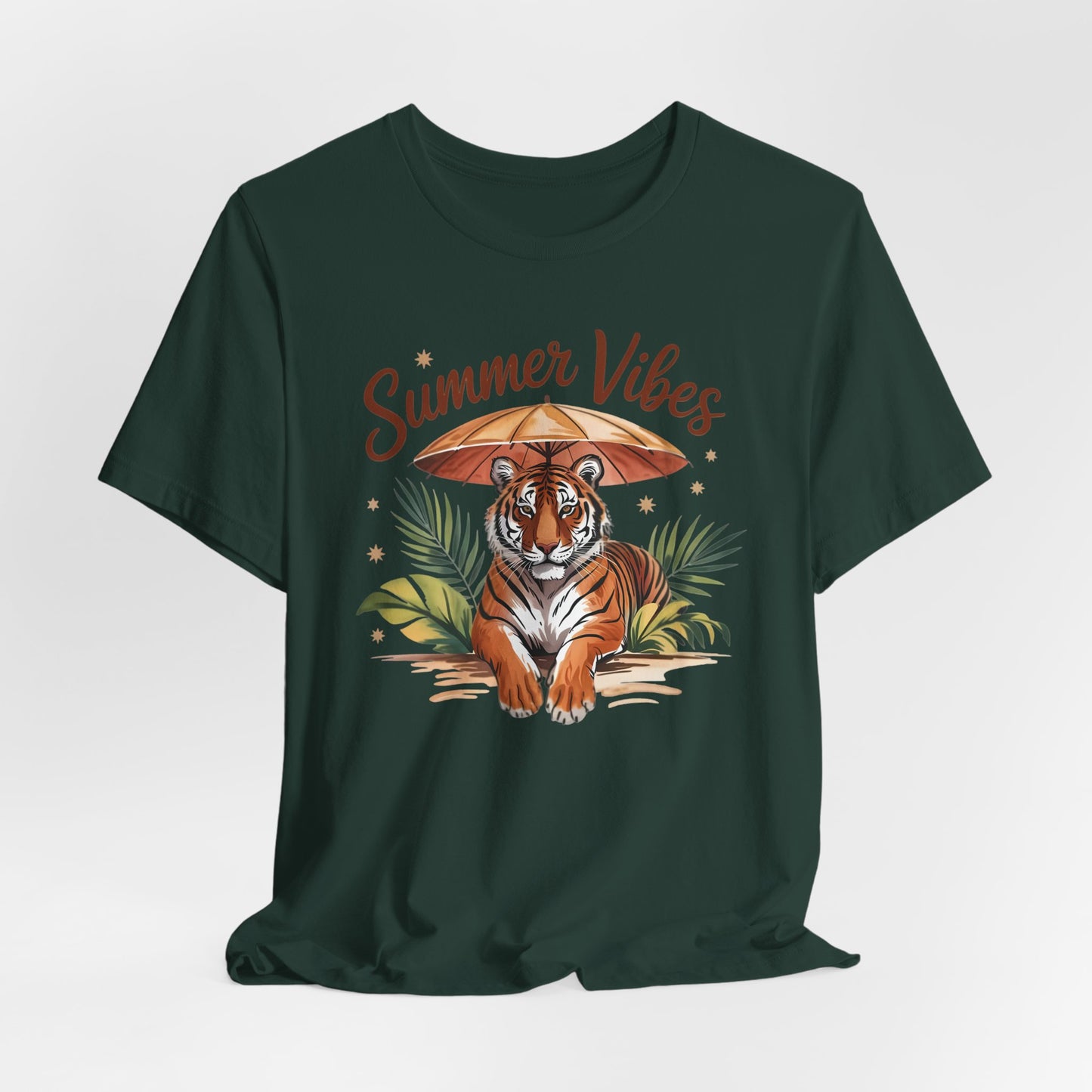 Camiseta Summer Vibes Tiger – Gráfico de palmeras de la selva con paraguas | Múltiples opciones de color
