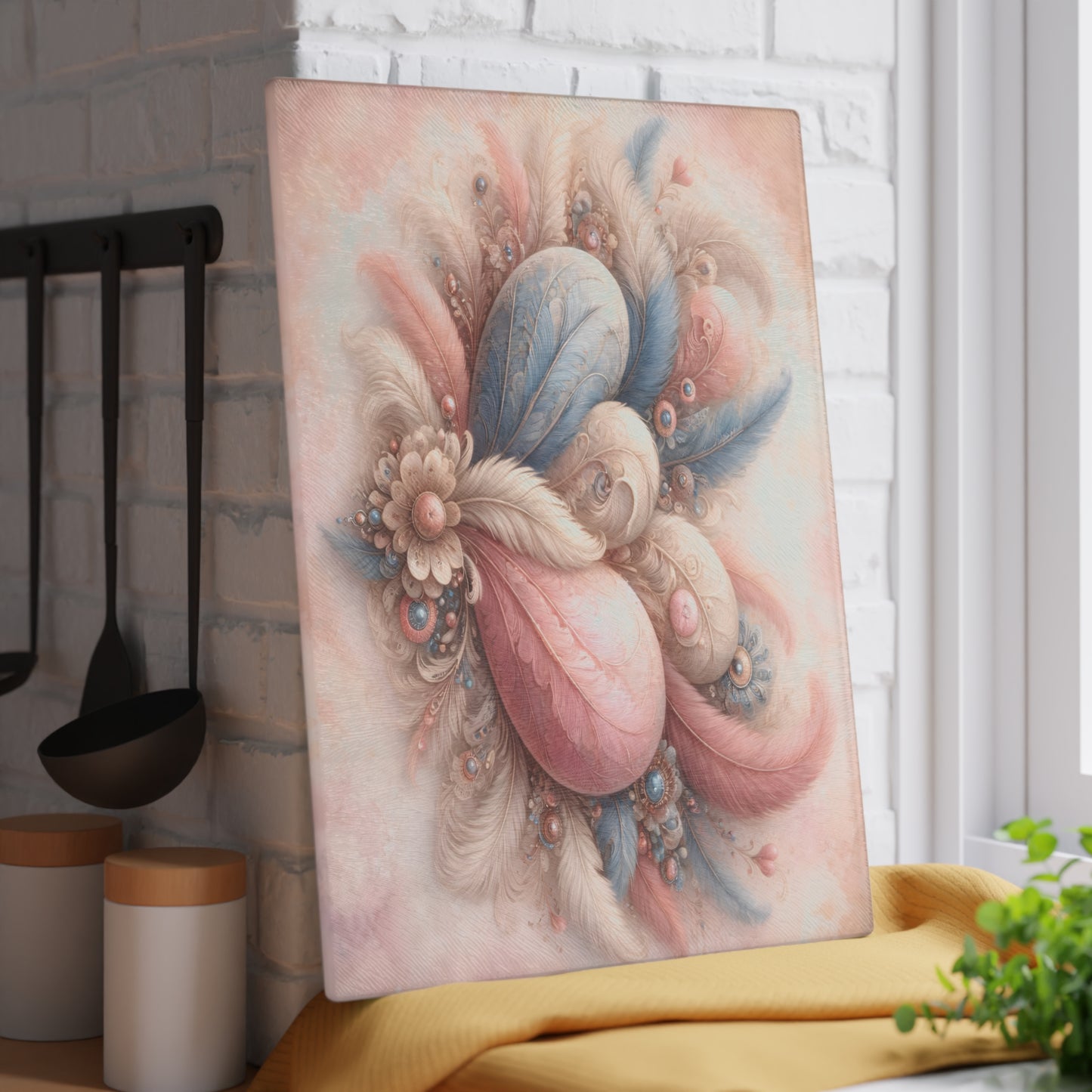 Pastel Feather Heart Glass Cutting Board – Elegant Romantic Art Kitchen Decor