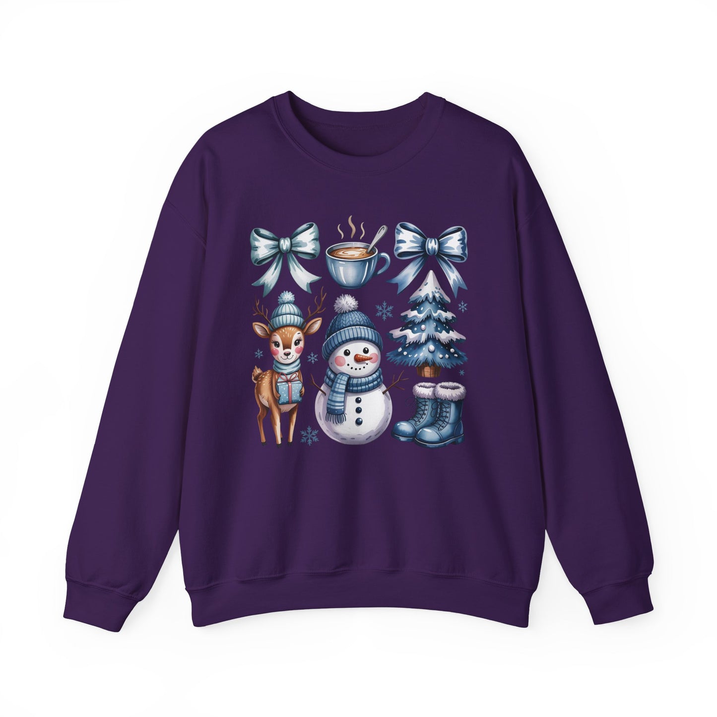 ❄️💙 Cozy Winter Vibes Crewneck – Reindeer, Snowman, Cocoa & Bows