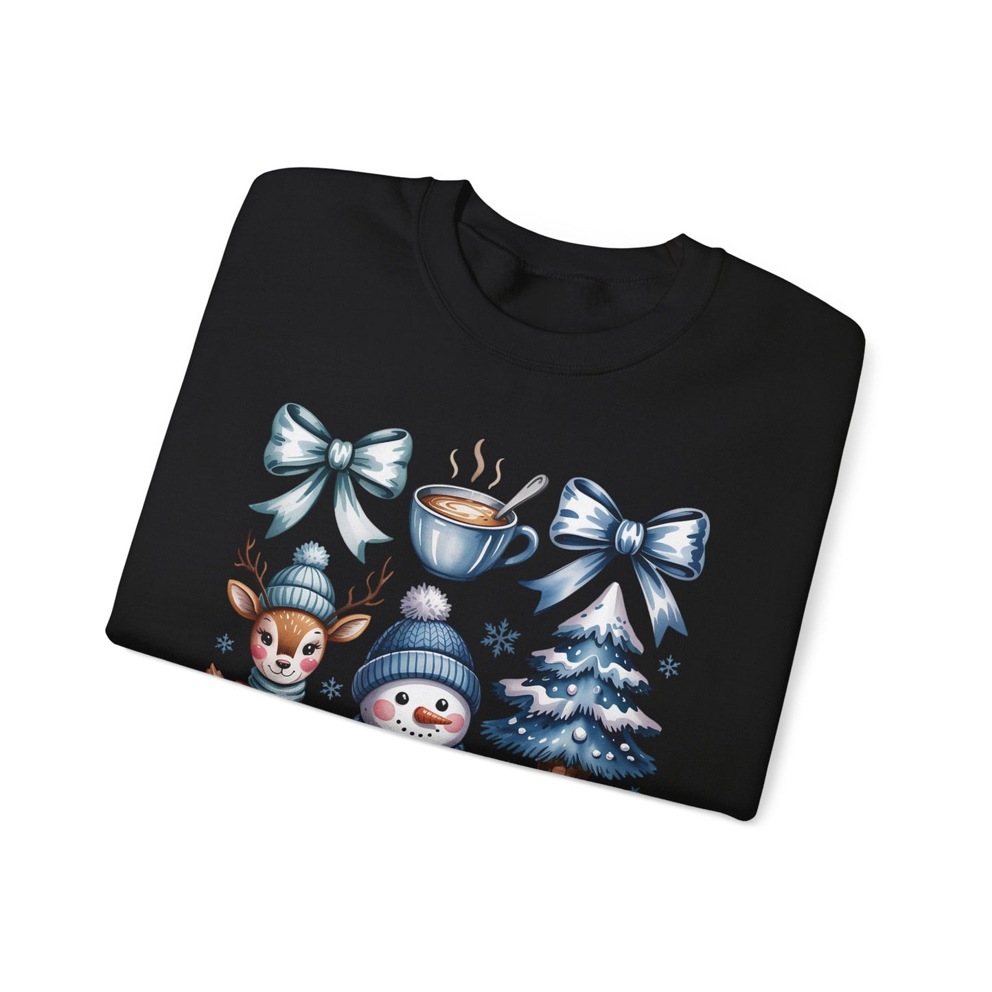 ❄️💙 Cozy Winter Vibes Crewneck – Reindeer, Snowman, Cocoa & Bows
