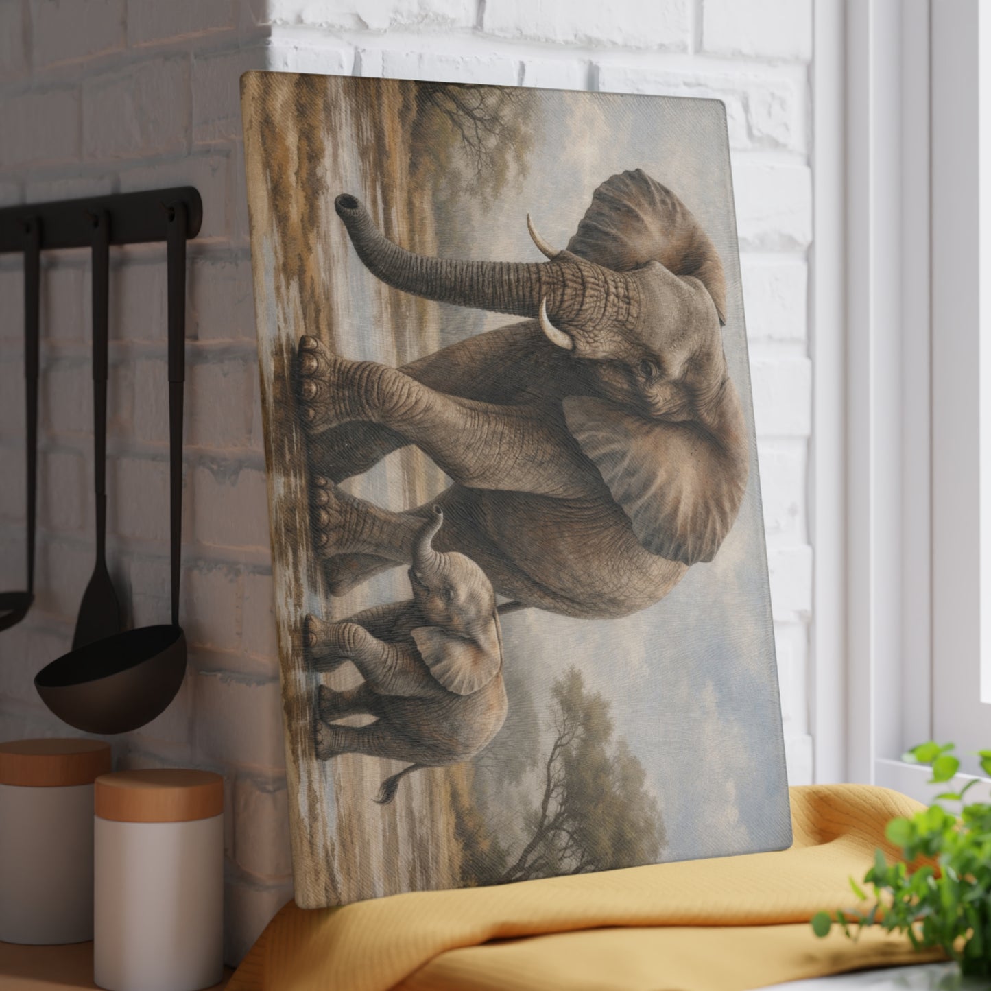 Mother and Baby Elephant Glass Cutting Board – Gentle Safari Wildlife Kitchen Art