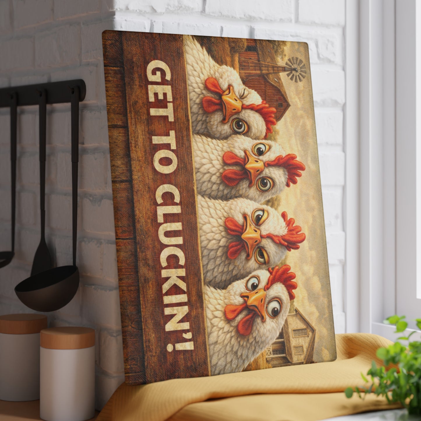 Get to Cluckin’! Funny Chicken Glass Cutting Board – Bold Farmhouse Kitchen Humor