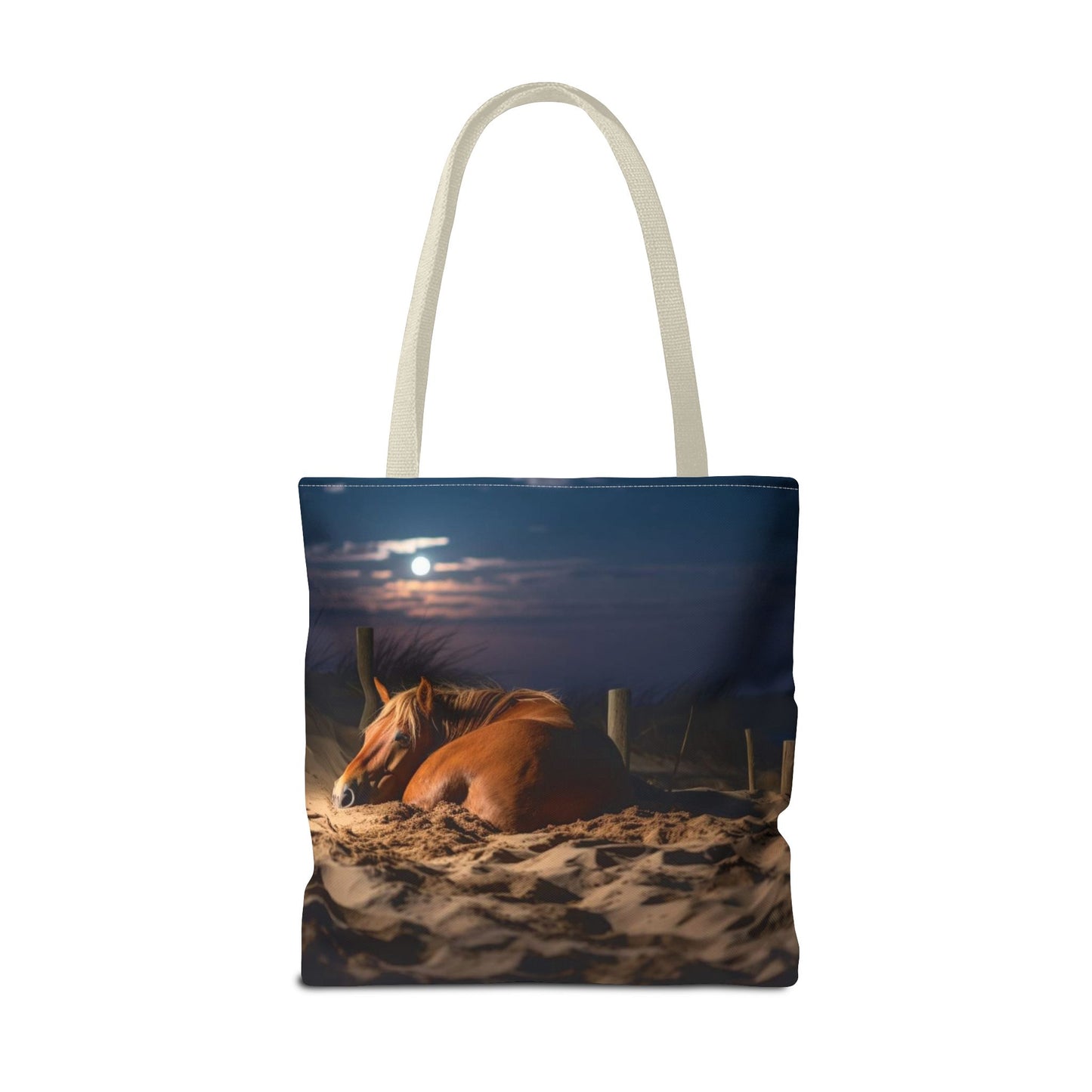 Bolsa de tela "Caballo durmiendo en la playa bajo la luz de la luna": una escapada serena a cada paso