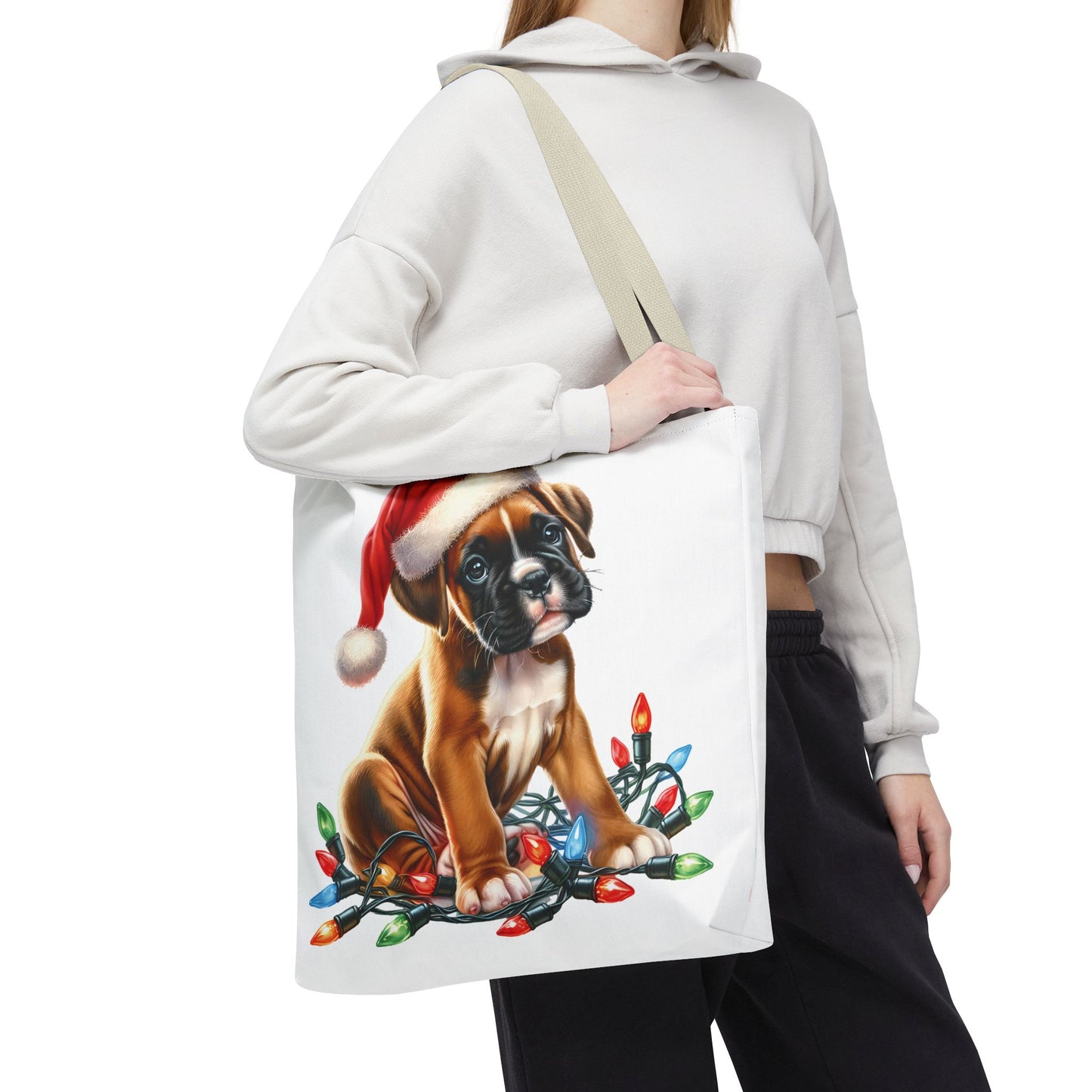 👜 Boxer Christmas Lights Tote Bag – Festive Charm for Dog Lovers 🎄